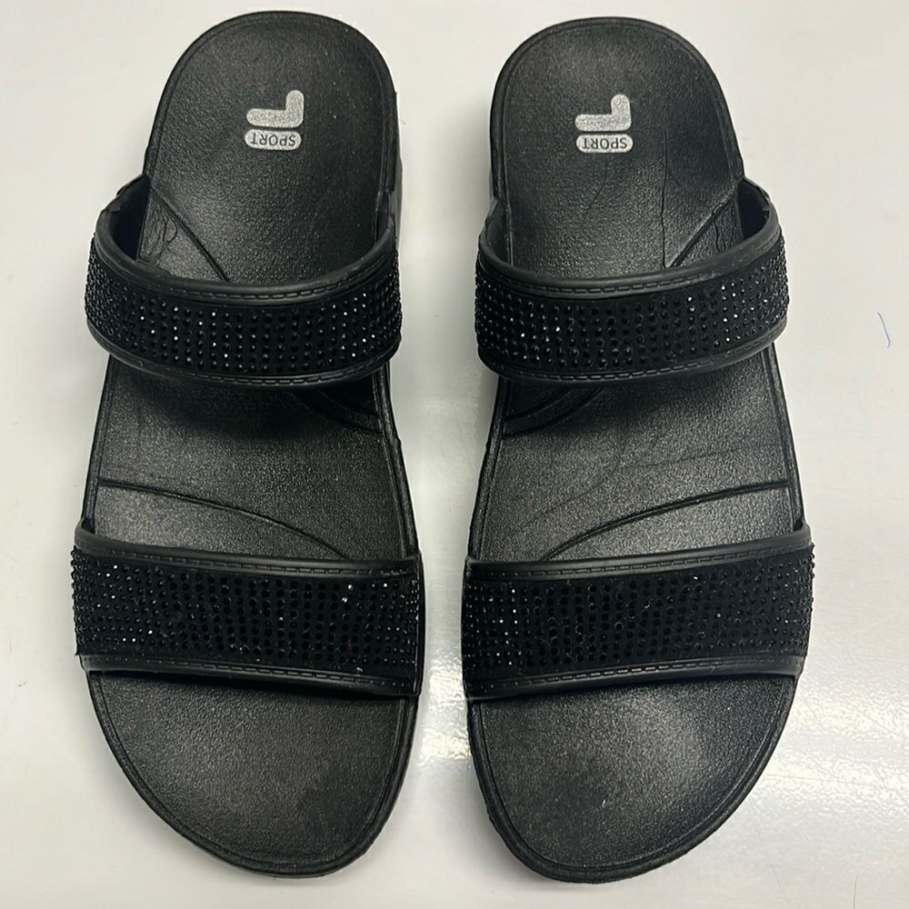 Fila Sport Black Glittered Two-Strap Slip-On Platform Sandals- 8M